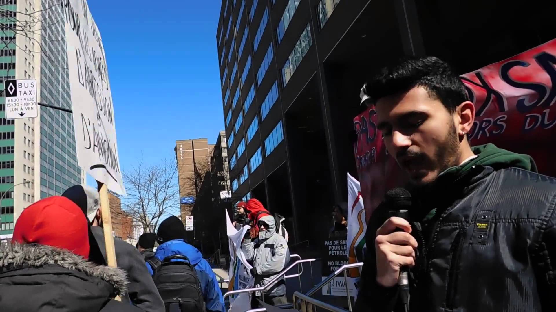 Rally in front of the Guy Favreau complex in Montreal for peace and not war